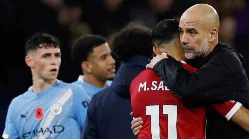 جوارديولا بحتضن صلاح بعد المباراة