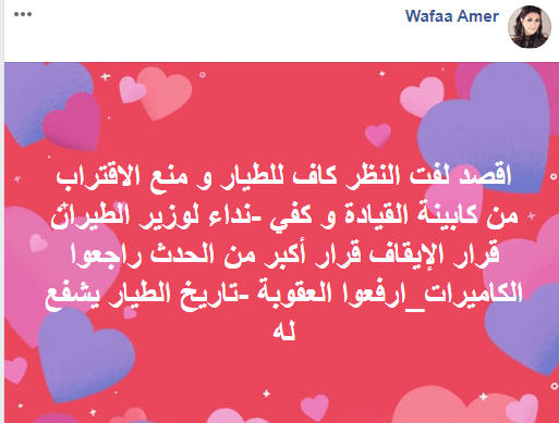  وفاء عامر تدعم الطيار الموقوف وتستغيث بوزير الطيران