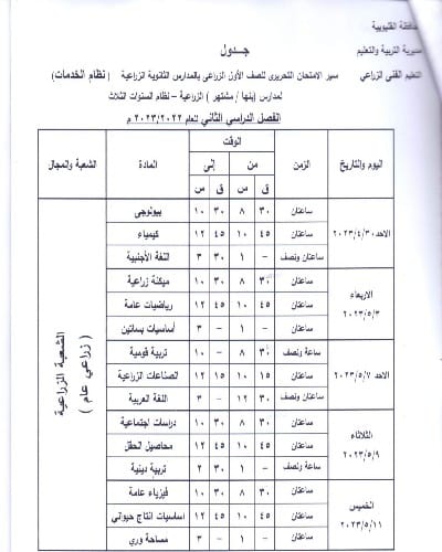 ننشر جداول امتحانات الفصل الدراسى الثانى للمدارس الفنيةبالقليوبية