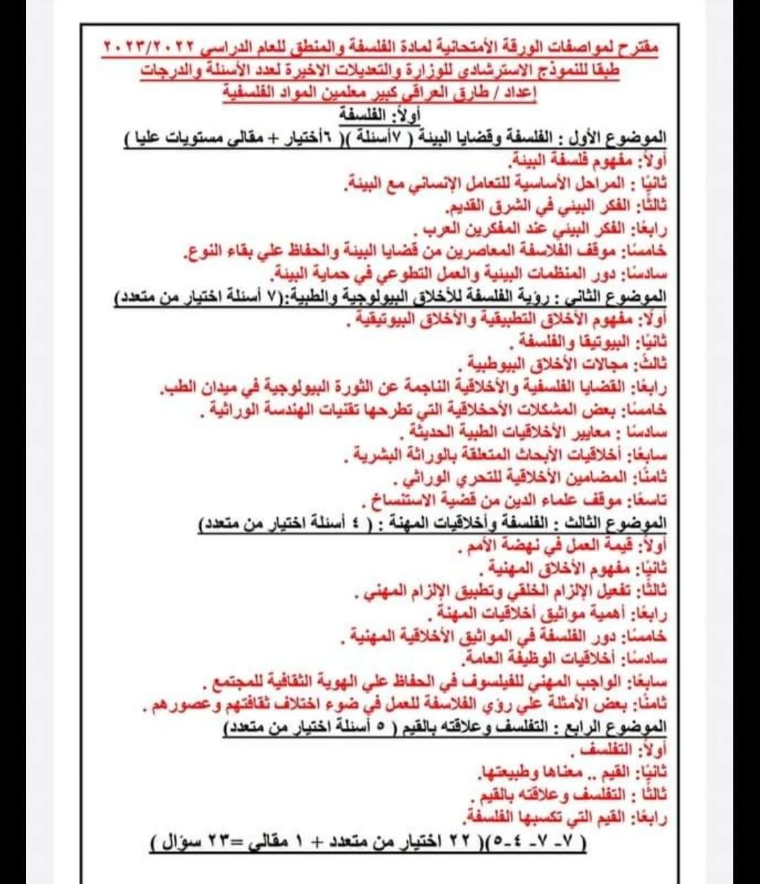 توزيع درجات الفلسفة والمنطق ومواصفات الإمتحان للثانوية العامة2023