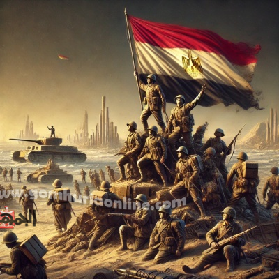 صورة بالذكاء الإصطناعي تظهر الجنود المصريين وهم يرفعون العلم المصري بعد عبور قناة السويس خلال نصر العاشر من رمضان،