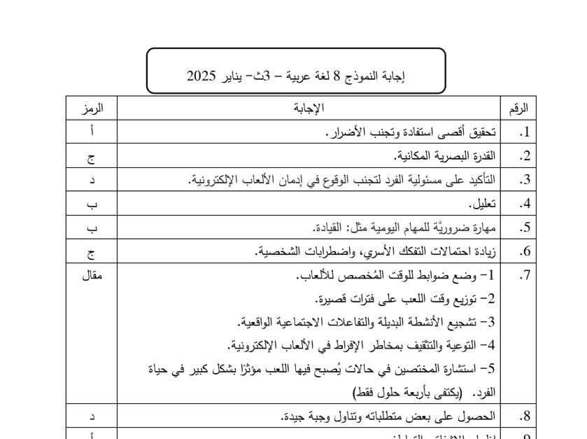 اجابة النموذج الثامن عربي ثانوية عامة
