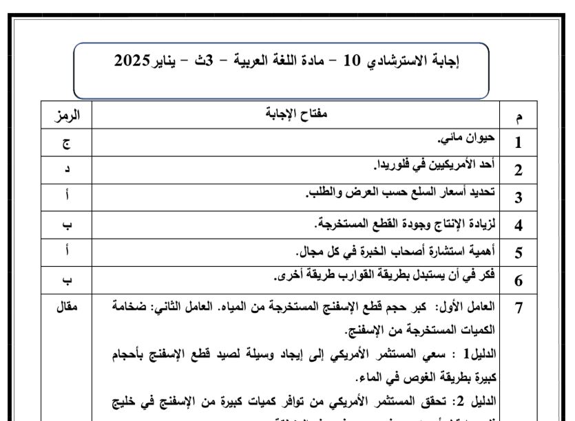 اجابة النموذج العاشر عربي ثانوية عامة