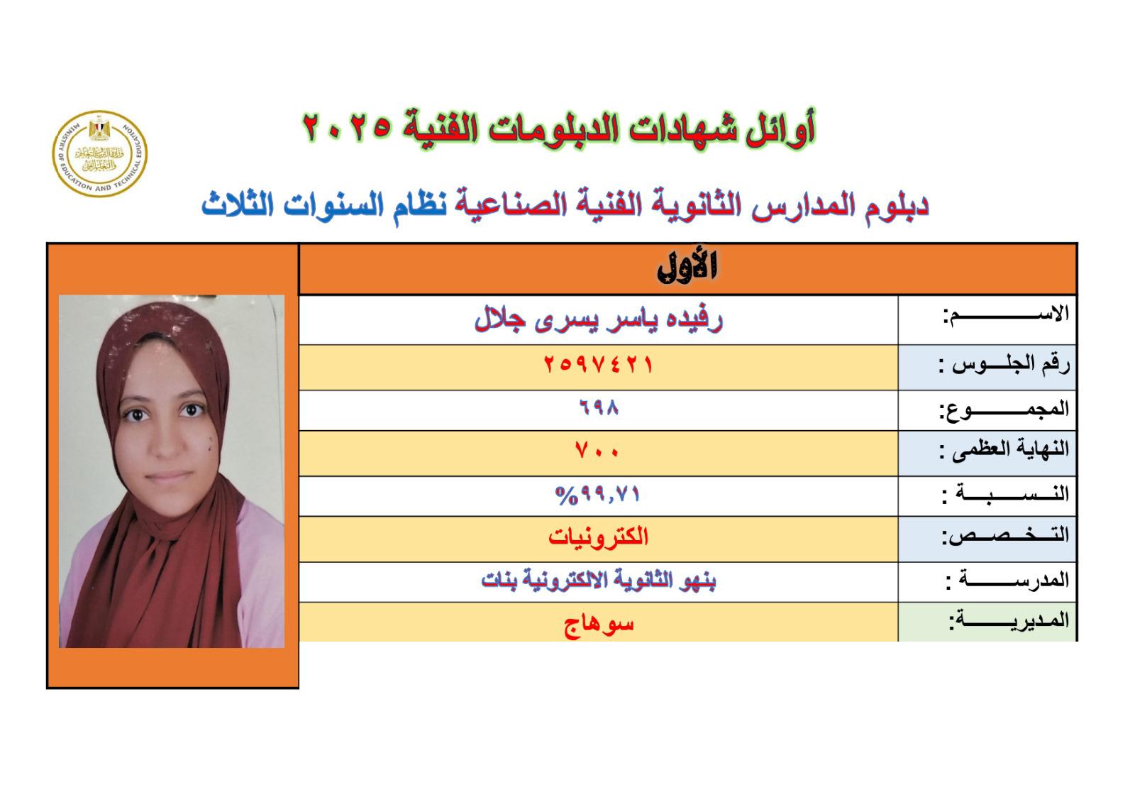 اول الثانوية الصناعية على الجمهورية
