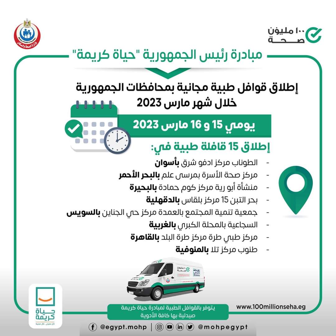 الصحة: إطلاق ١٥ قافلة طبية ضمن مبادرة  حياة كريمة