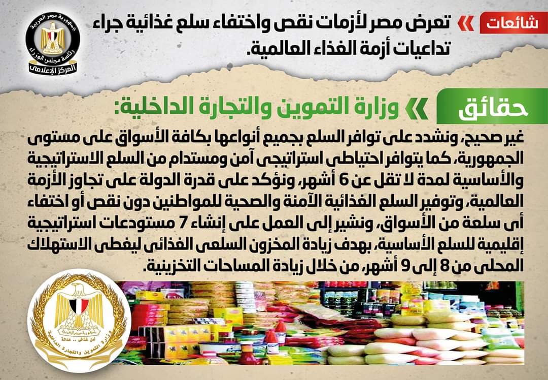 الحكومة تنفى تعرض مصر لأزمات نقص واختفاء سلع جراء تداعيات أزمة الغذاء العالمية