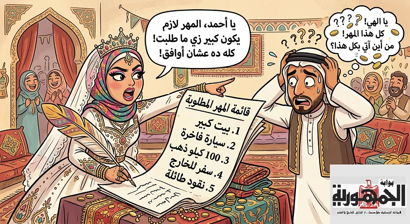 رسم كارتوني لعروس تطلب مهرا كبيرا وعريس مصدوم