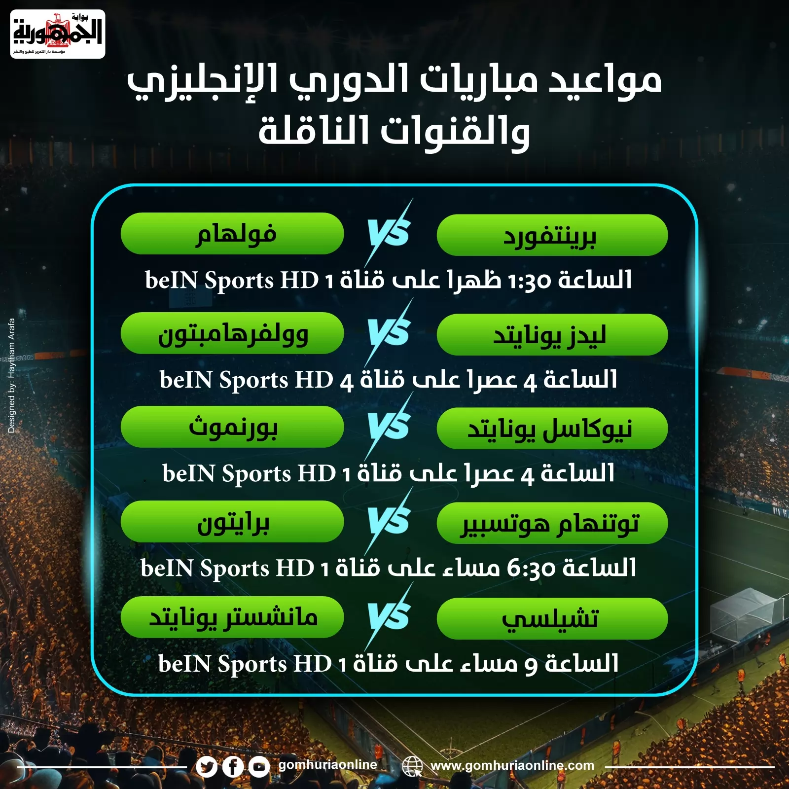 مواعيد مباريات الدوري الإنجليزي والقنوات الناقلة 