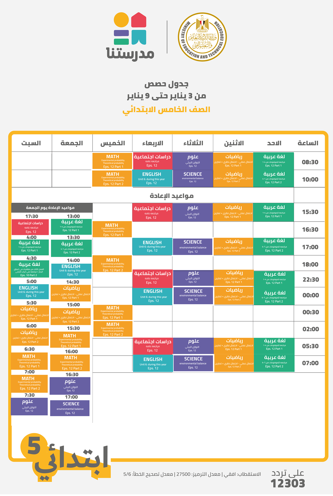 التعليم تعلن جدول الحصص على القنوات التعليمية لصفوف الرابع الى السادس الابتدائى