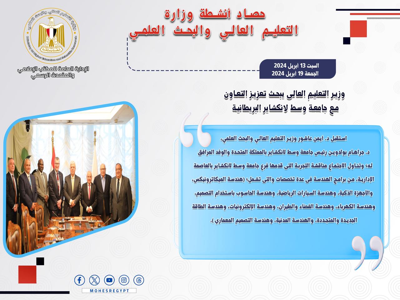 حصاد أنشطة وزارة التعليم العالي والبحث العلمي في أسبوع