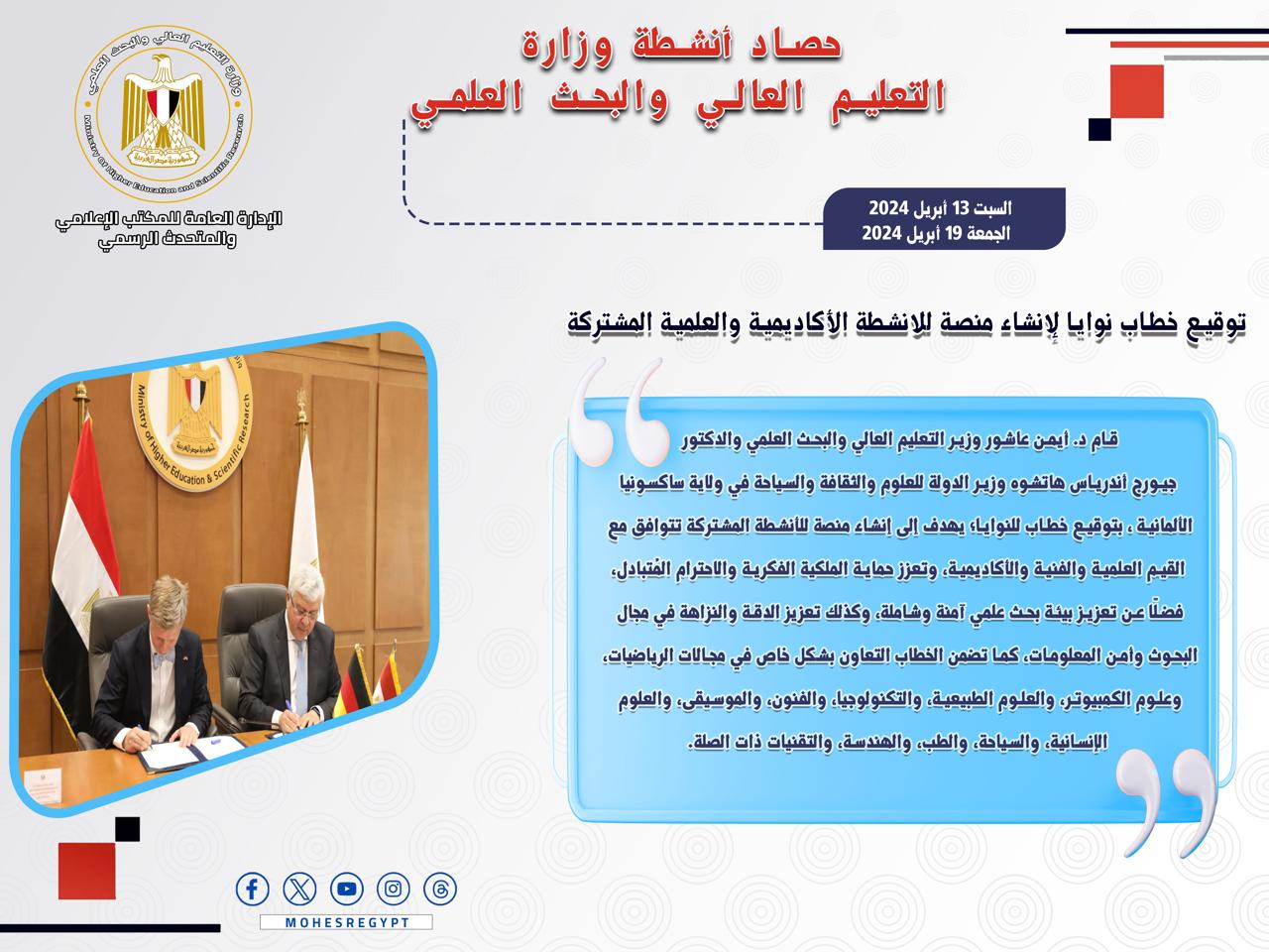 حصاد أنشطة وزارة التعليم العالي والبحث العلمي في أسبوع