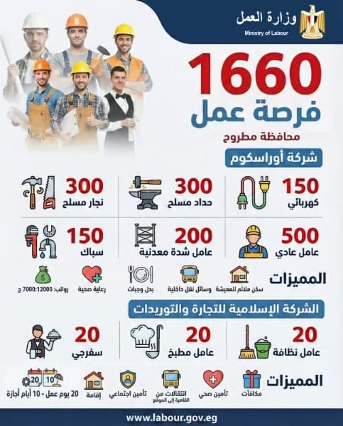 وزارة العمل تعلن 1660 فرصة عمل برواتب تصل إلى 12 ألف جنيه