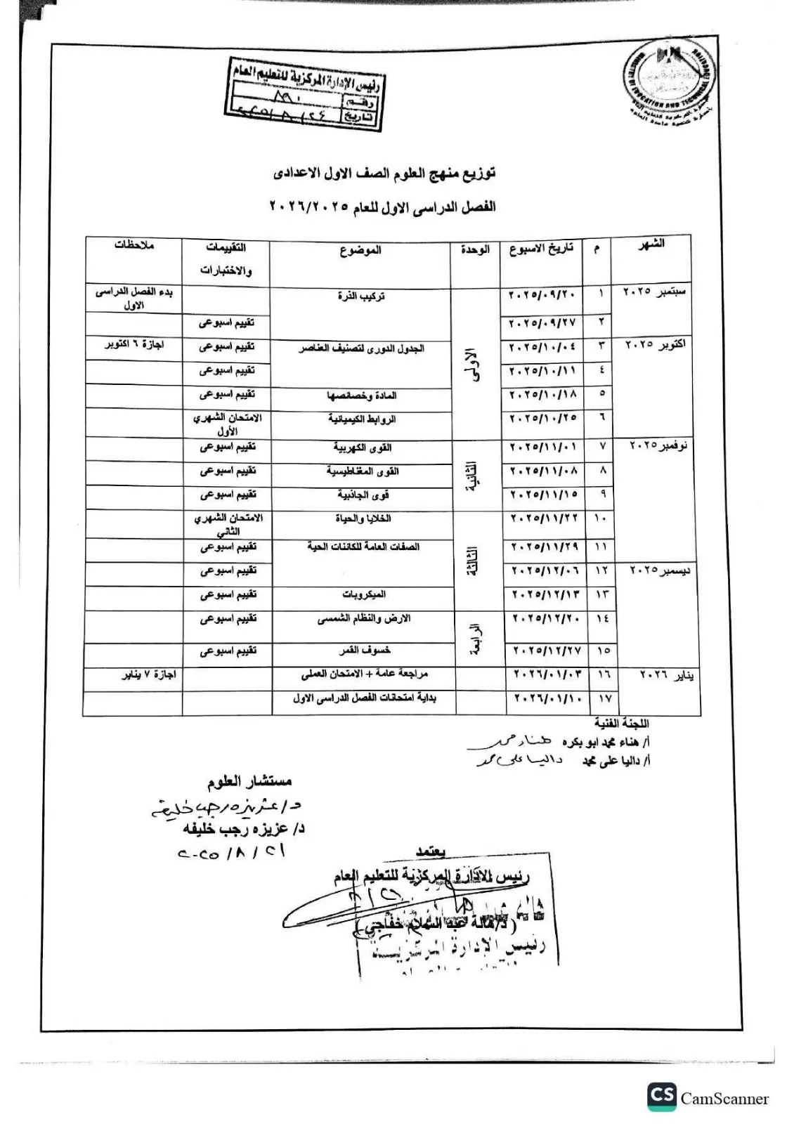 ننشر توزيع منهج العلوم للصف الأول الإعدادي ترم ثان 