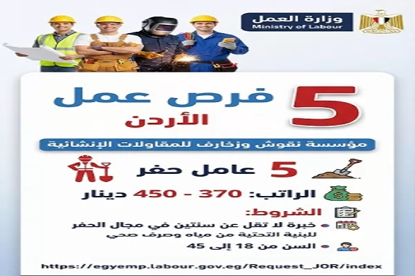  وزارة العمل تعلن عن فرص عمل للمصريين بالأردن براتب 450 ديناراً