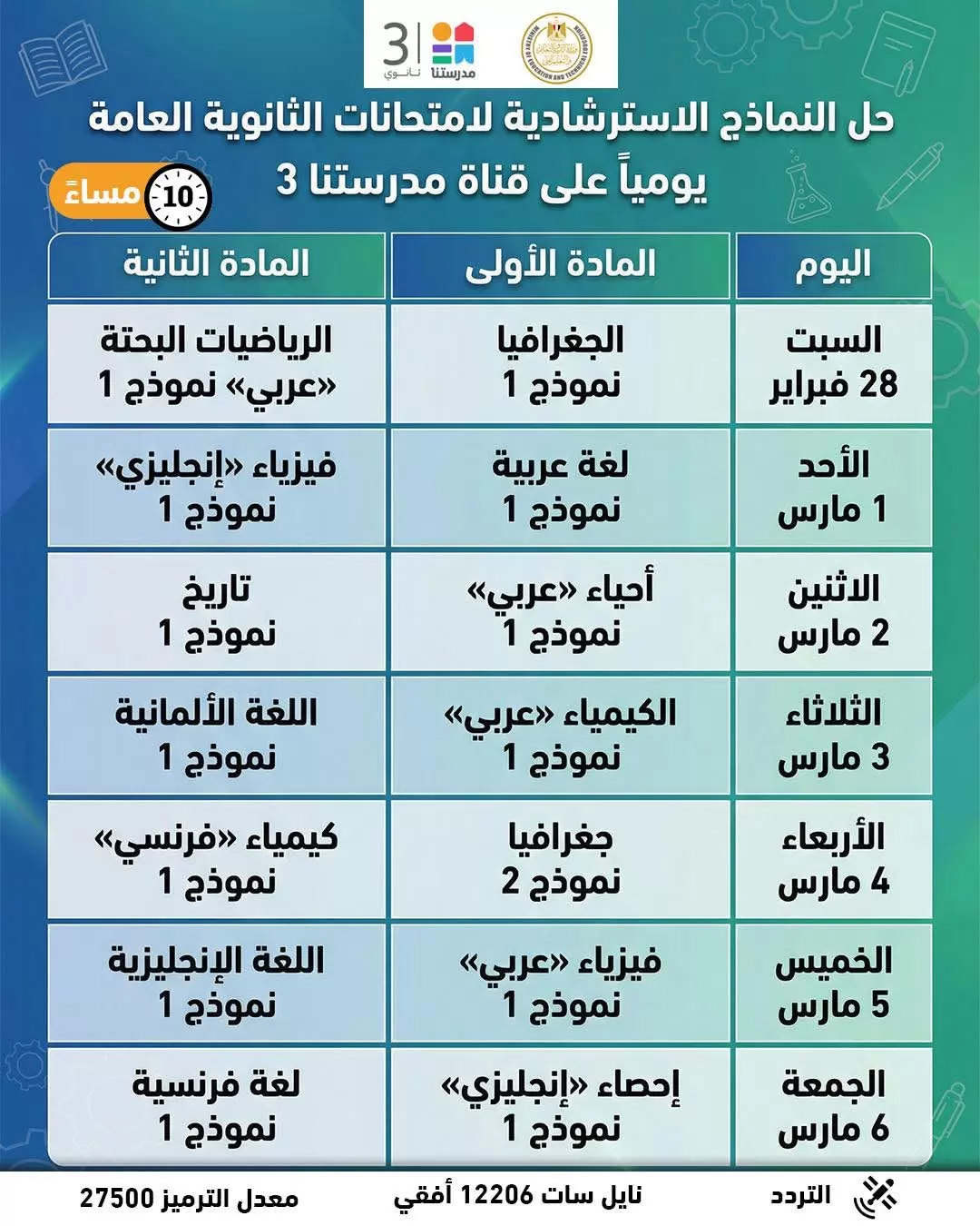 جدول حل النماذج الاسترشادية لامتحانات الثانوية العامة 2026 على قن
