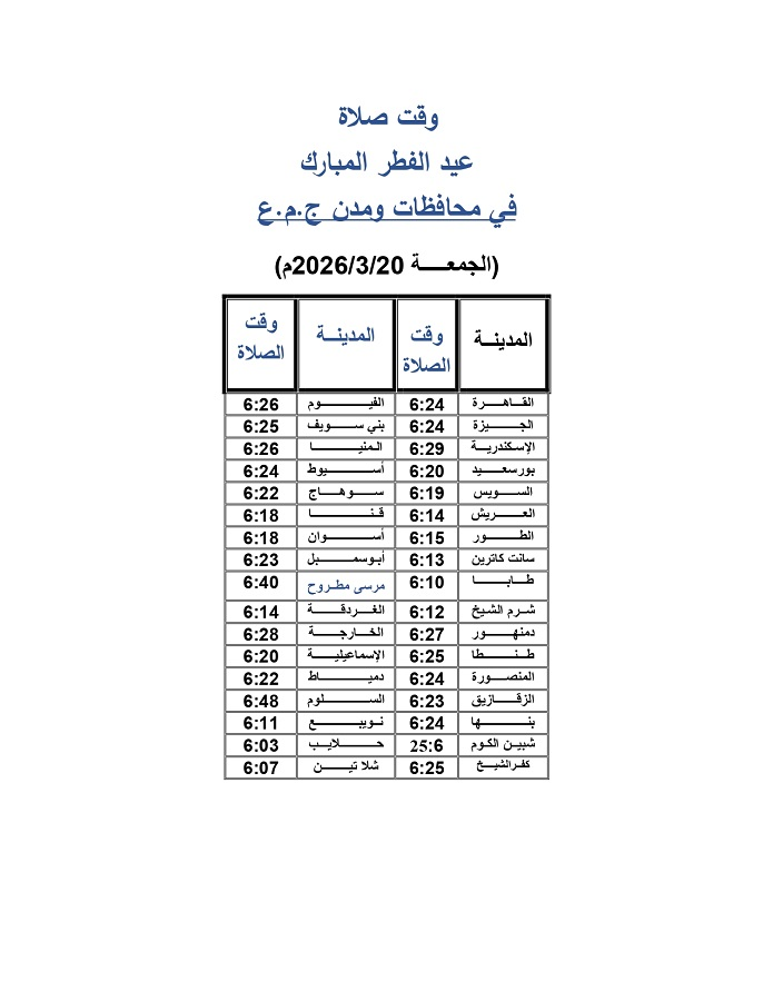 مواعيد صلاة عيد الفطر المبارك في القاهرة والمحافظات