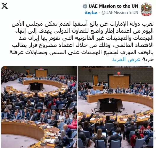 الإمارات تعرب عن بالغ أسفها لعدم اعتماد مجلس الأمن قرارا يتعلق بم