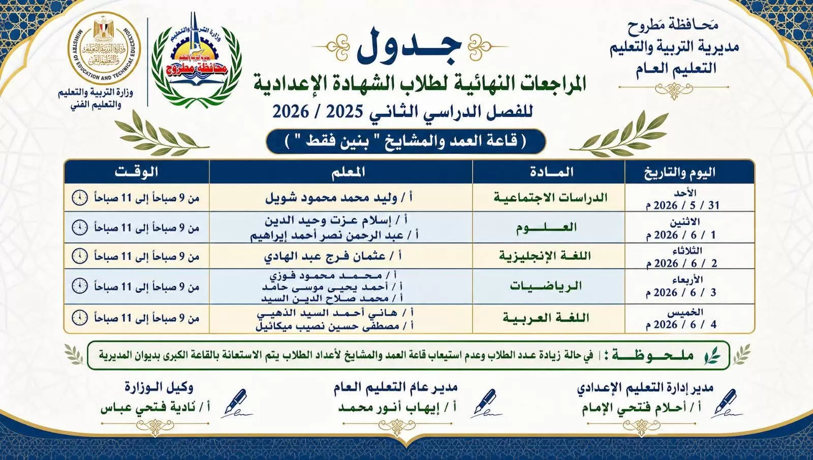 الأحد.. تدشين المراجعات النهائية للإعدادية بمطروح