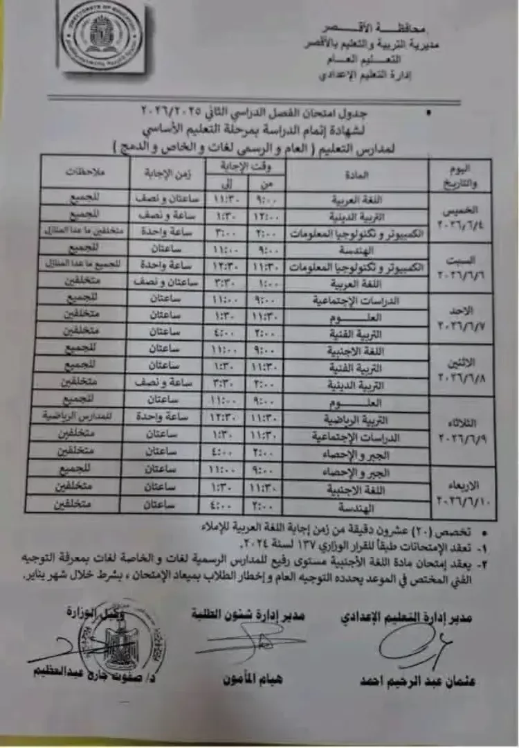 18 ألف طالب وطالبة فى امتحانات الشهادة الإعدادية بالأقصر غدا