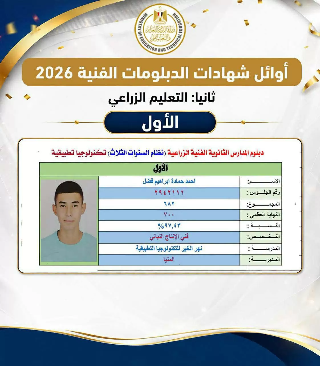  مدير تعليم المنيا يهنئ أوائل التعليم الفني بمحافظة المنيا