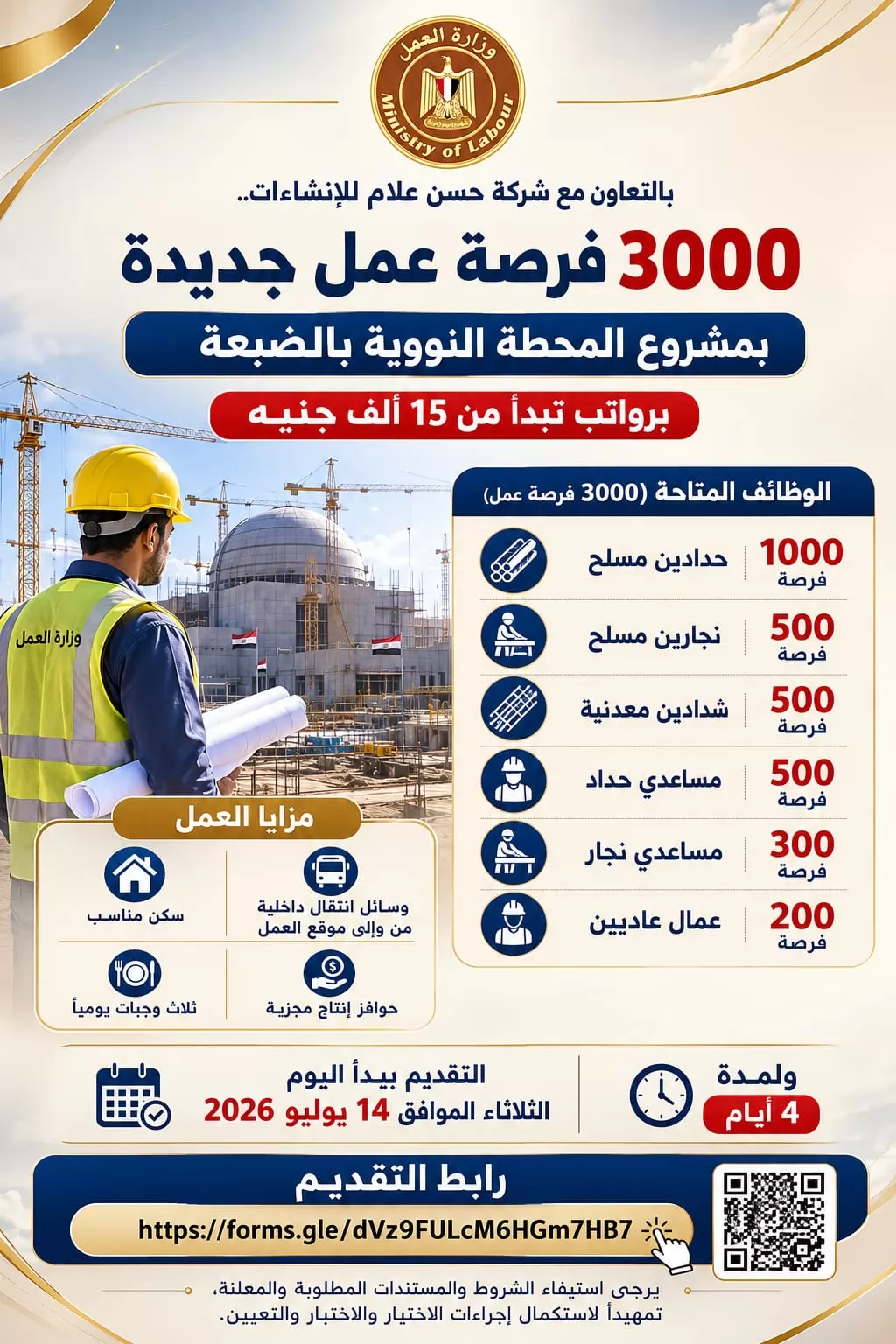 وزير العمل: 3000 فرصة عمل جديدة بمشروع المحطة النووية بالضبعة