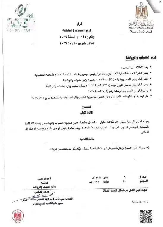 تجديد تعيين مندي مديراً لمديرية الشباب والرياضة بالمنيا 