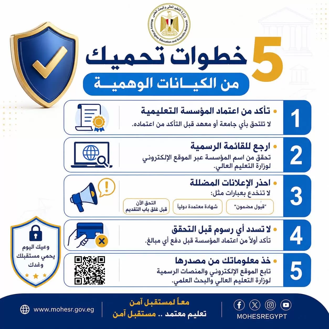 التعليم العالي:5خطوات تحمي الطلاب من الوقوع ضحية للكيانات الوهمية