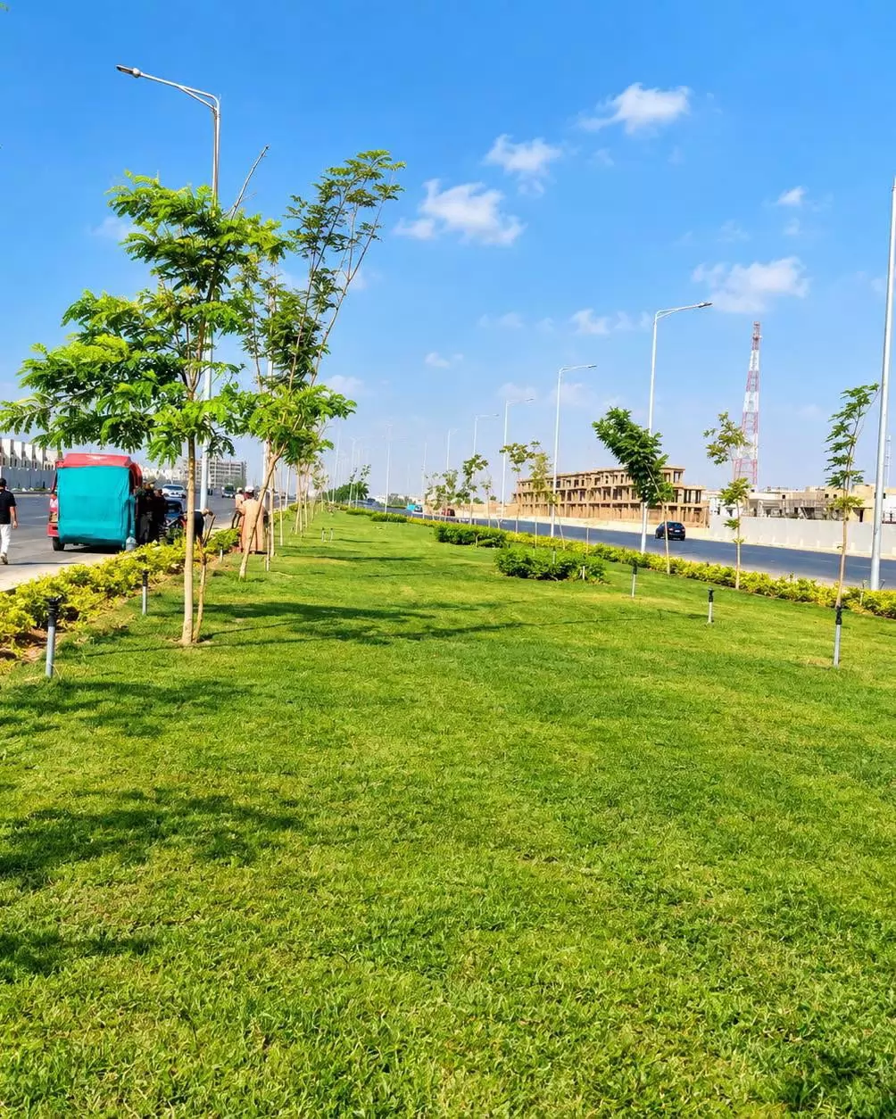 القاهرة الجديدة تواصل تطوير المسطحات الخضراء بطريق السويس