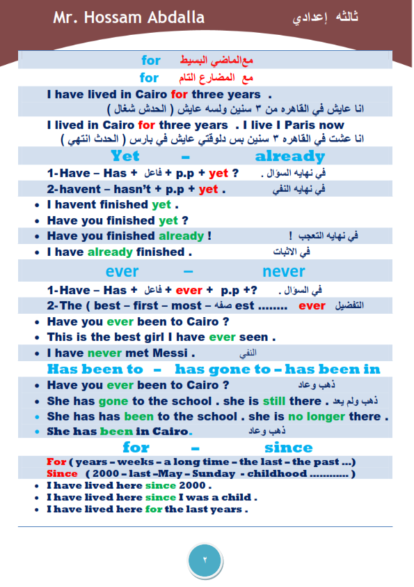 ملخص قواعد اللغة الإنجليزية للشهادة الإعدادية ترم ثاني