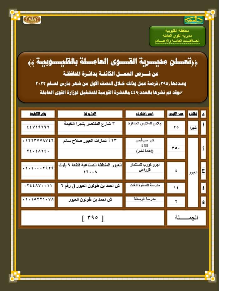 القوى العاملة بالقليوبية تعلن عن توافر 395 فرصة عمل للجنسين