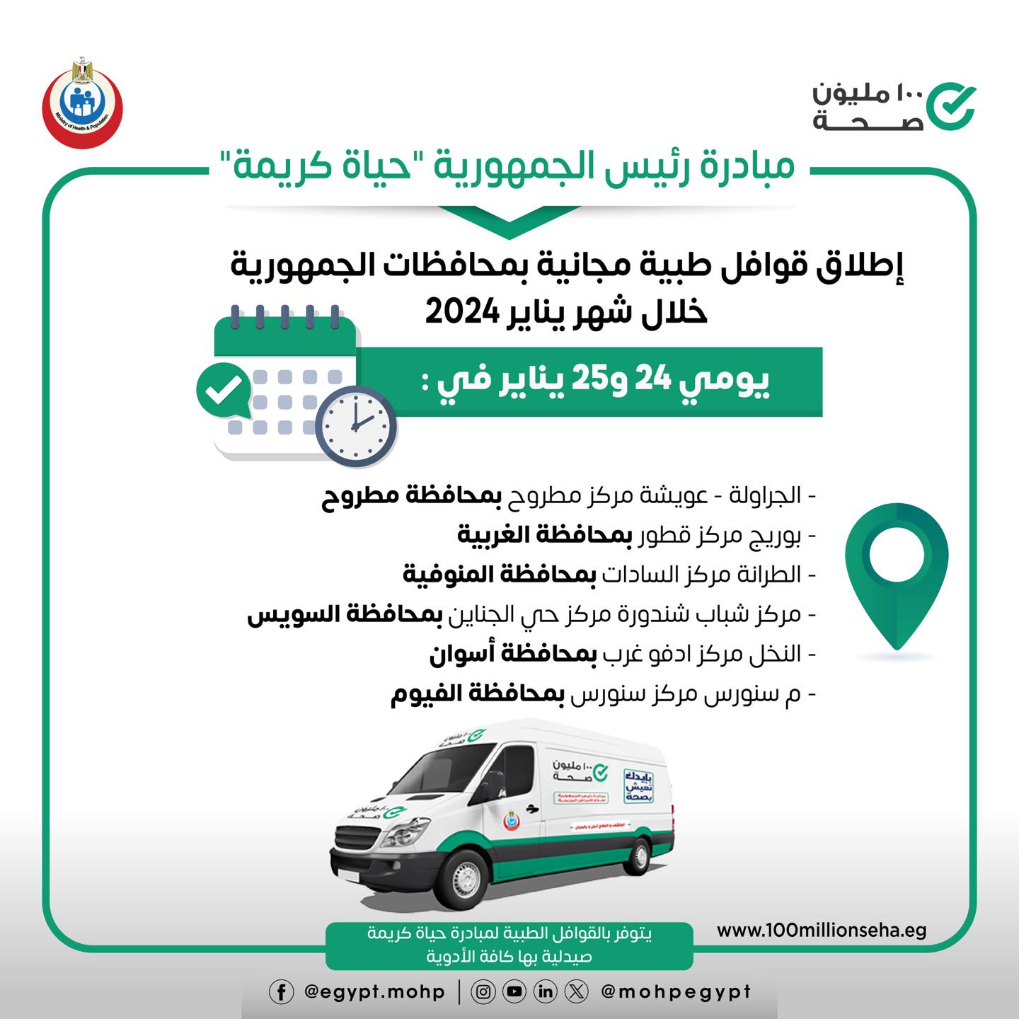 الصحة : إطلاق ٦ قوافل طبية للكشف والعلاج مجانًا