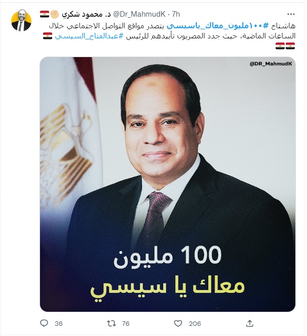 شاهد.. هاشتاج ١٠٠ مليون معاك يا سيسي يتصدر تويتر