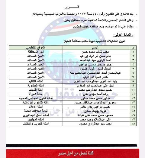 تعيين هيئة مكتب حزب مستقبل وطن محافظة المنيا