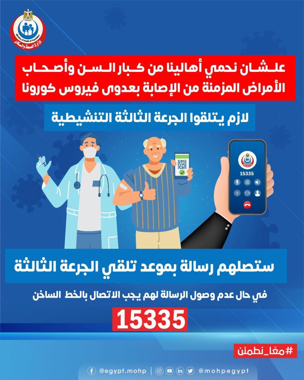الصحة تؤكد أهمية الجرعة الثالثة التنشيطية لكبار السن وأصحاب الأمراض المزمنة: تعطي مناعة 90 % من العدوى