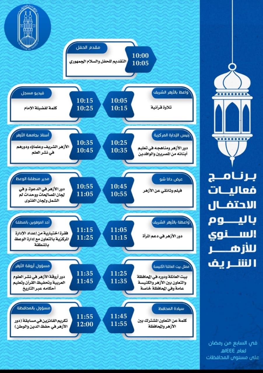 محافظ الشرقية يشهد إحتفالية تأسيس الجامع الازهر بالزقازيق اليوم 