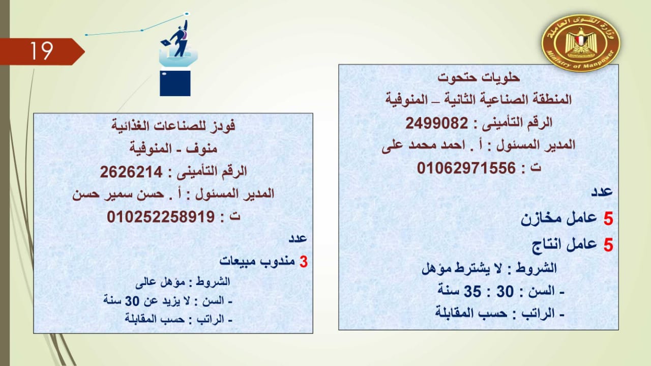 براتب يصل إلى 5500 جنيه.. القوى العاملة توفر 2752 فرصة عمل للجنسين 