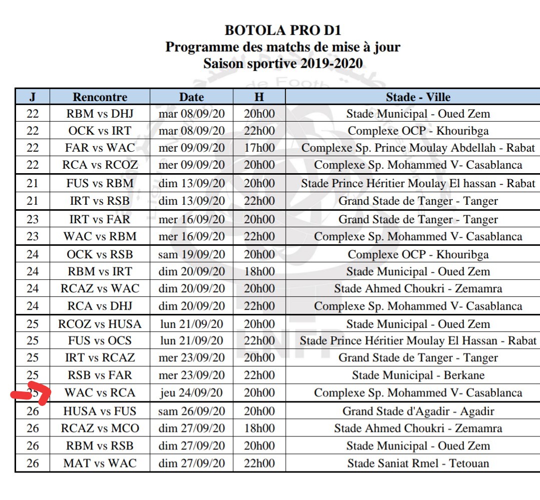 جدول مباريات الدورى المغربى