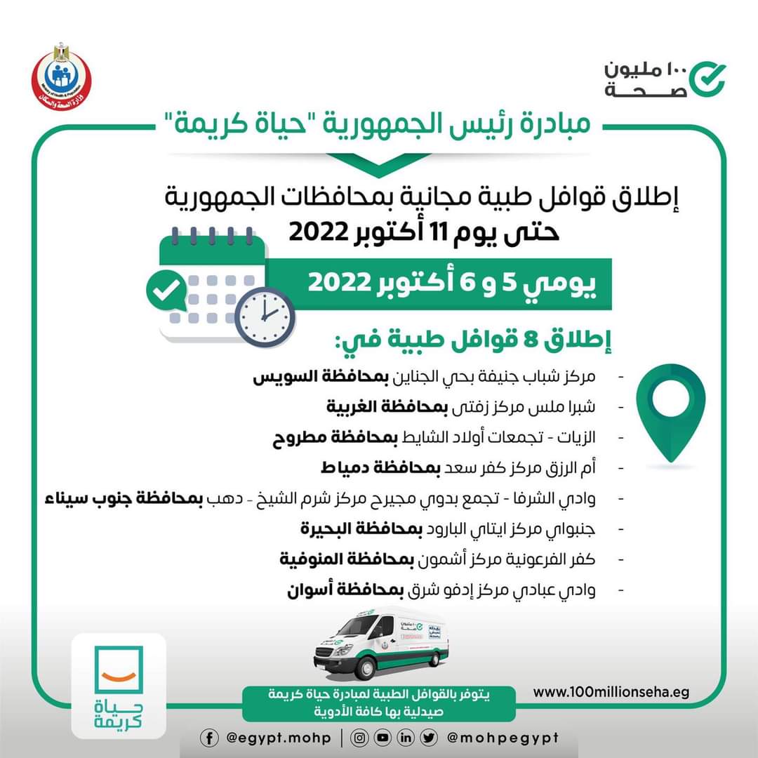 الصحة : إطلاق ٨ قوافل طبية للكشف والعلاج مجانًا