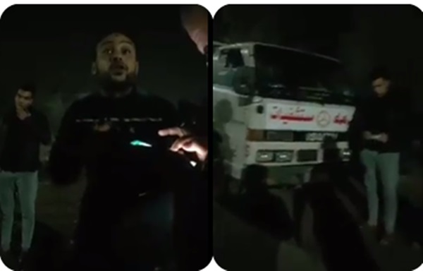 السيارة الخاصة بنقل أسطوانات الأكسجين.. والسائق يدافع عن نفسه أمام الأهالى