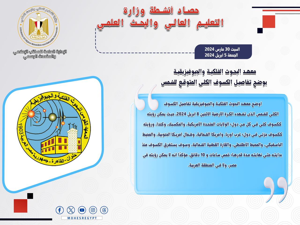 حصاد أنشطة وزارة التعليم العالي والبحث العلمي في أسبوع