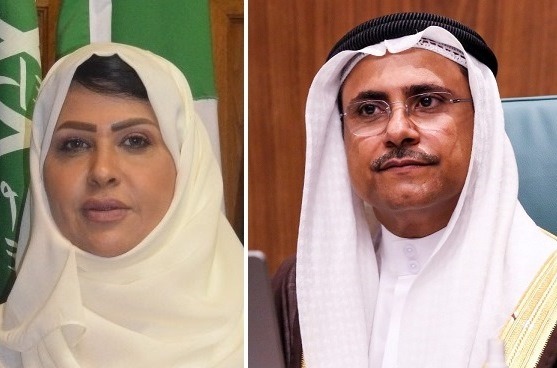 رئيس البرلمان العربي عادل العسومي والدكتورة مستورة بنت عبيد الشمري