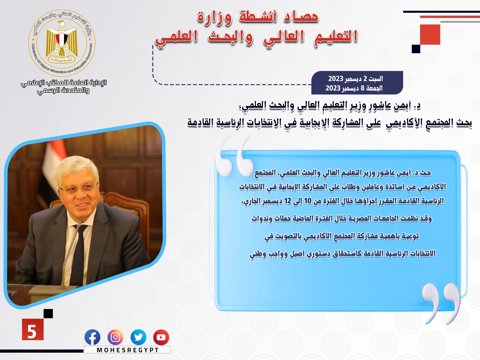 حصاد أنشطة وزارة التعليم العالي والبحث العلمي في أسبوع