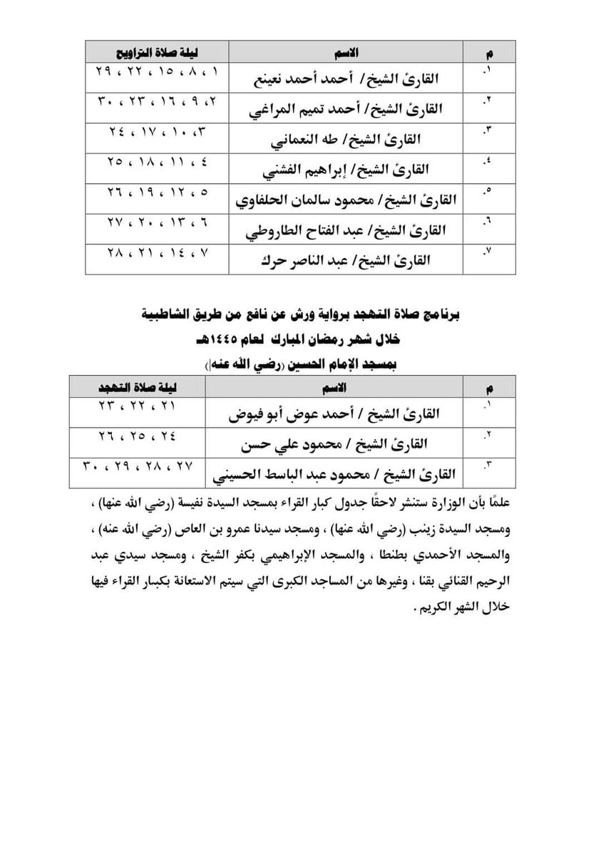 برنامج صلاة التراويح خلال شهر رمضان بمسجد الحسين 