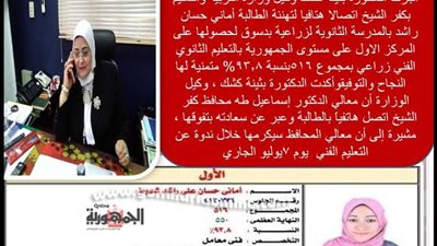 وكيل تعليم كفر الشيخ تهنئ الطالبة أماني حسان راشد لحصولها على المركز الأول على الجمهورية