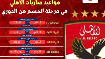 مواعيد مباريات الأهلي فى مرحلة الحسم من الدوري.. إنفوجراف