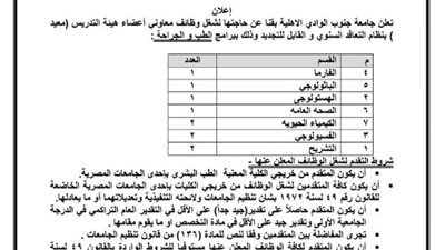 وظائف شاغرة بجامعة جنوب الوادي الأهلية