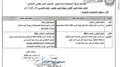 محتوى امتحان شهر أكتوبر في العلوم للصف الأول الإعدادي