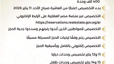 غدا..بدء تخصيص الوحدات السكنية للمرحلة الثانية من الطرح المجمع ٤٠٠ ألف وحدة