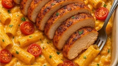 دجاج مشوي بصوص الجبنة والمكرونة