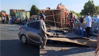 انقلاب سيارة محملة أنابيب غاز بطريق القاهرة – الإسكندرية الزرراعي